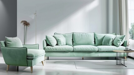 Modern living room mockup with mint green sofa, armchair and luxury living room . Generative Ai