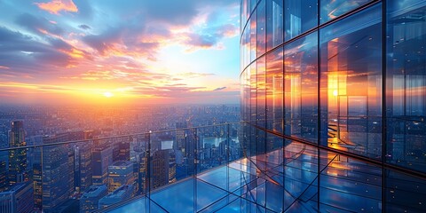Urban skyline at sunset, blending modern skyscrapers with warm hues and city lights.