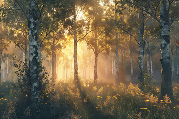 Poranne światło przenikające przez brzozowy las