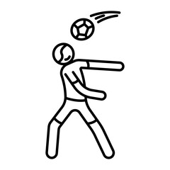 Stick figure liner icon, man is playing soccer. Ball unexpectedly hit player in head. Injury during competition. Team sports. Isolated vector on white background