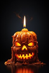 Halloween candle with face of pumpkin Jack O Lantern. Isolated on black background. Ai generative