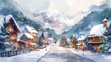Charming snowy village with decorated houses, snow-covered trees, and a festive Christmas tree in winter wonderland setting.