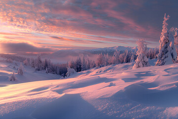 Zimowy pejzaż górski o wschodzie słońca z różowymi chmurami