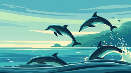 Fototapeta premium A Pod Of Dolphins Jumping Out Of The Water Near The Shore, Cartoon ,Flat color