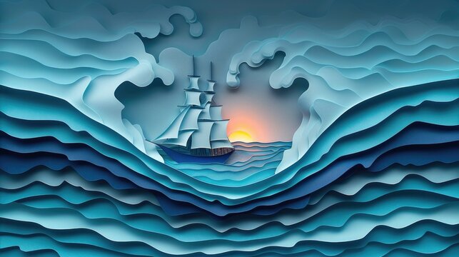 A sailing ship journeys through layered paper waves, with a beautiful sunset casting a warm glow in the background.