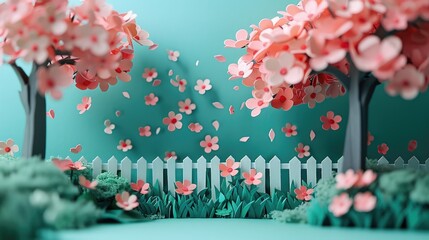 Blossoming trees with pink flowers in a paper art style, with a white picket fence and petals gently falling to the ground.