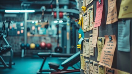Inspiring Fitness Motivation: Vibrant Bulletin Board in Modern Gym with Quotes, Workouts, and Goals