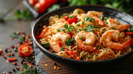 Stir fry noodles with vegetables and shrimps in black bowl. Slate background. Top view. Copy space.