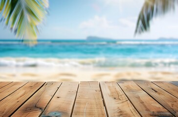 Fototapeta premium Empty Wooden Table with Blurred Tropical Beach Background