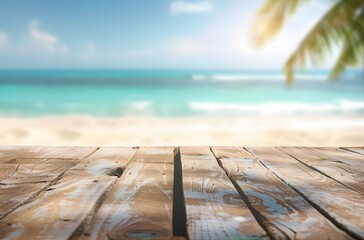 Empty Wooden Table with Blurred Tropical Beach