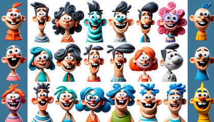 A group of humorous claymation caricature characters with exaggerated features. 