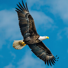 Fototapeta premium The eagle soared majestically in the blue sky. Wings spread wide and glide easily. The sun shines on its fur. Casting a graceful shadow on the ground below.This powerful bird is the epitome of freedom