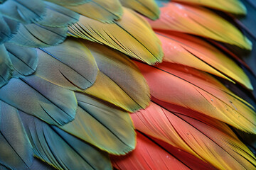 Obraz premium Vividly colored bird feathers, a close-up that speaks to the richness of avian species and the threat of their decline 