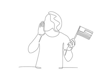 Man shouting 4th of july by holding a united states flag. 4th of july concept one-line drawing