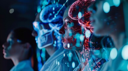 A group of medical professionals observing a 3D holographic representation of a patients anatomy generated by a smart diagnostic device.