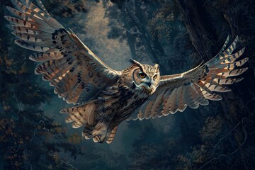  owl in flight in sky in the forest sky