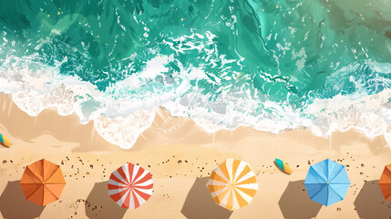 picturesque beach with crashing waves stretches out,lined with colorful beach umbrellas.The rhythmic sound of the surf mingles with the laughter of beachgoers,creating a lively yet relaxing atmosphere