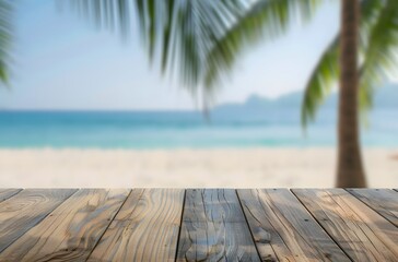 Fototapeta premium Empty Wooden Table with Blurred Tropical Beach Background