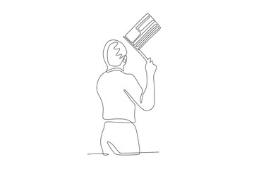 Man holding a United States flag facing back. 4th of july concept one-line drawing