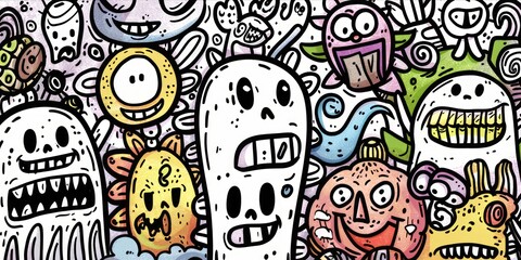 Fototapeta premium Abstract face cute monsters cartoon character in doodle style.