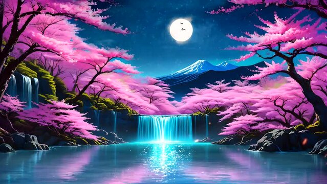 Landscape with pink trees and waterfalls at night. Seamless looping time-lapse 4k video animation background