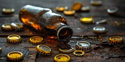 Close-Up of Beer Bottle and Caps