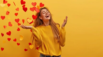 Young woman happy with social likes hearts, standing in front of yellow wall with copy space. Creative social networks concept. Generative AI