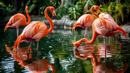 Graceful Waters: A Group of Flamingos Wading in Shallow Waters