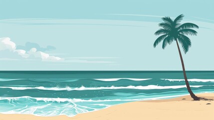 A Quiet Beach With Gentle Waves And A Single Palm Tree, Cartoon ,Flat color