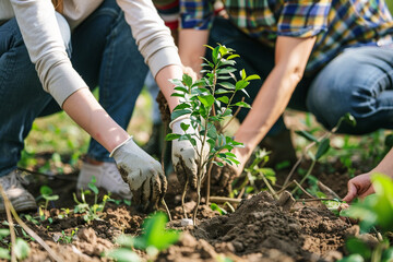 Fototapeta premium Volunteers plant trees together as part of an environmental campaign 