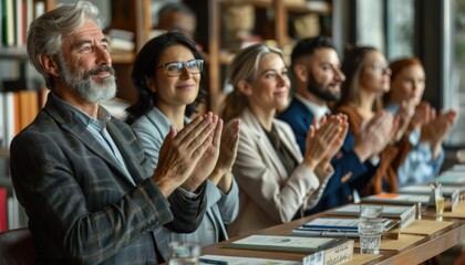 Group sharing a moment at the table clapping hands in a crowded event