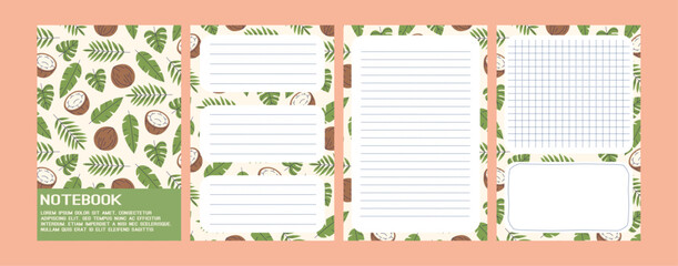 Summer notebook covers. Exotic templates set for diary. Coconut with tropical leaves pages collection