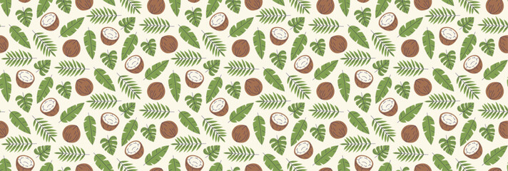 Summer leafs seamless background. Coconut with tropical leaves pattern. Fruits ornament.