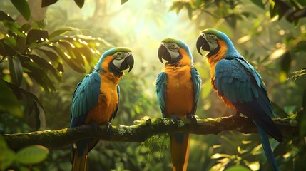 three blue and yellow macaw ara