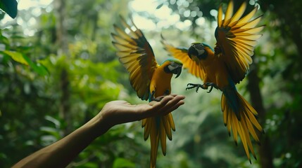 blue and yellow macaw in hand