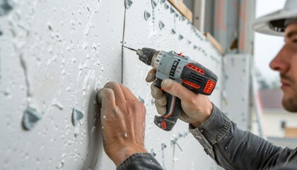 Man using a hammer drill on a wall to hang a picture - Powered by Adobe