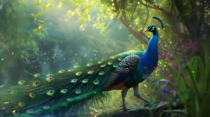 Obraz premium peacocks use their dances and beautiful tails to attract mates and defend their territories in the forest