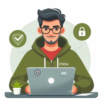 recommend clip art: ethical hacker with laptop computer 2d flat vector illustration on white background