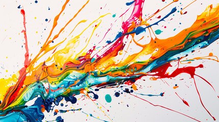 Vibrant and dynamic paint splatter creates an expressive pattern on a clean white background.