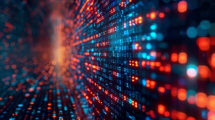 Fototapeta premium Abstract digital technology background with glowing red and blue lights in perspective. Futuristic data visualization, big data concept.