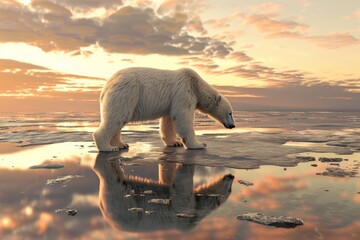 Lone polar bear wandering across a barren landscape devoid of ice, a stark consequence of climate change.