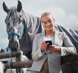Smile, phone and woman at horse farm outdoor for social media, internet or jockey reading email....