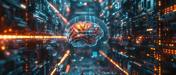 Abstract digital illustration of a brain in a futuristic data center, representing artificial intelligence and advanced technology.