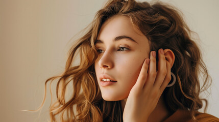 A woman touches her ear with her finger, expressing concentration or reflection. Her gesture is gentle and her facial expression is focused, suggesting a moment of deep thought or attention.