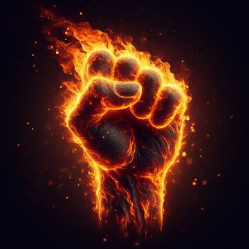 An intense image of a clenched fist enveloped in bright, roaring flames, symbolizing strength and rebellion.. AI Generation