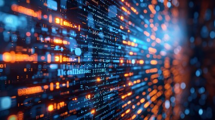 Abstract digital data stream with orange and blue lights, representing technology, networking, and information flow.