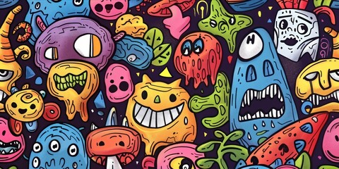 Obraz premium Abstract face cute monsters cartoon character in doodle style.