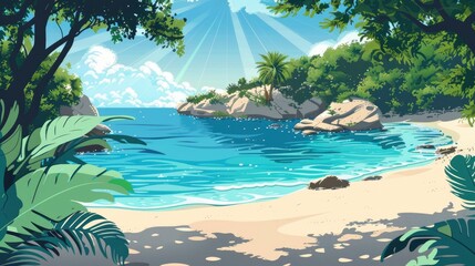 A Quiet Cove With Crystal Clear Water And Smooth White Sand, Cartoon ,Flat color