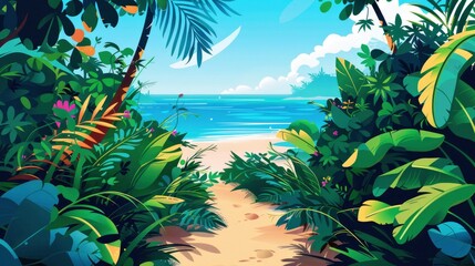 A Sandy Pathway Leading Through A Tropical Forest To A Hidden Beach, Cartoon ,Flat color