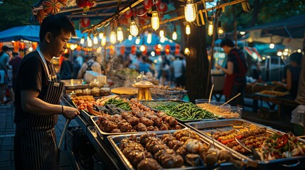 A man is cooking food at a food stand with a crowd of people around him